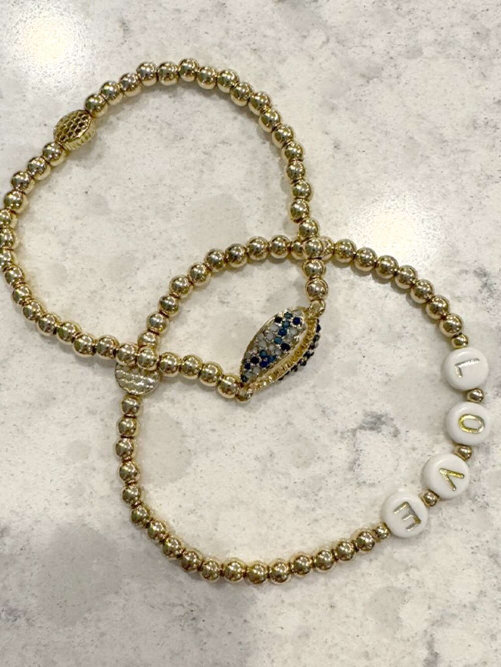 Gold Beaded Love and Shell Bracelets Set of 2